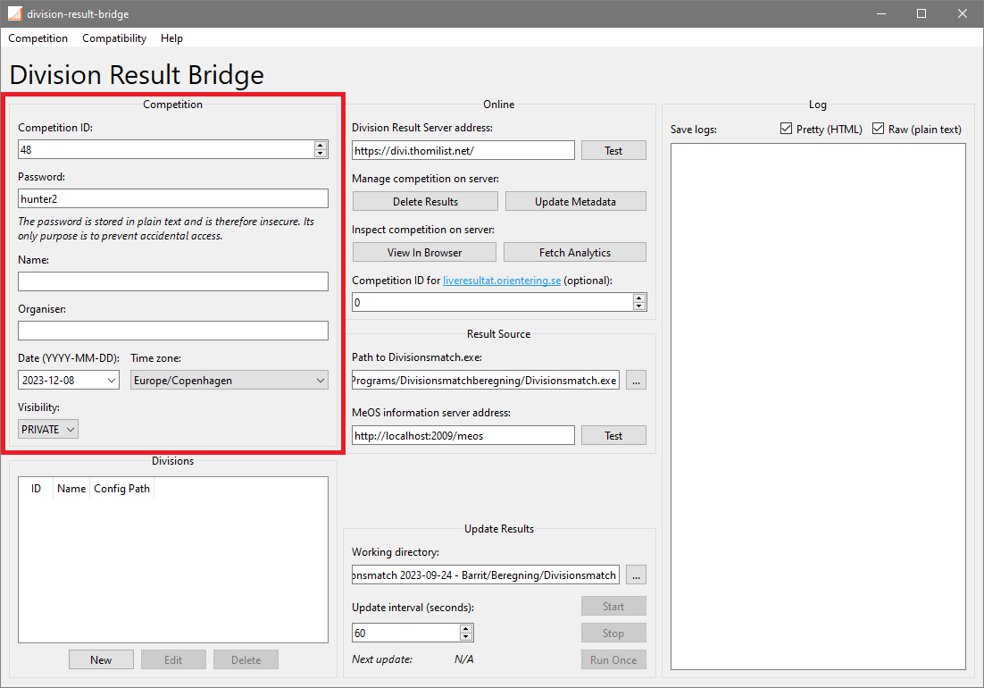 The main program interface after initial configuration has been completed. The <span class="named">Competition</span> pane is highlighted.