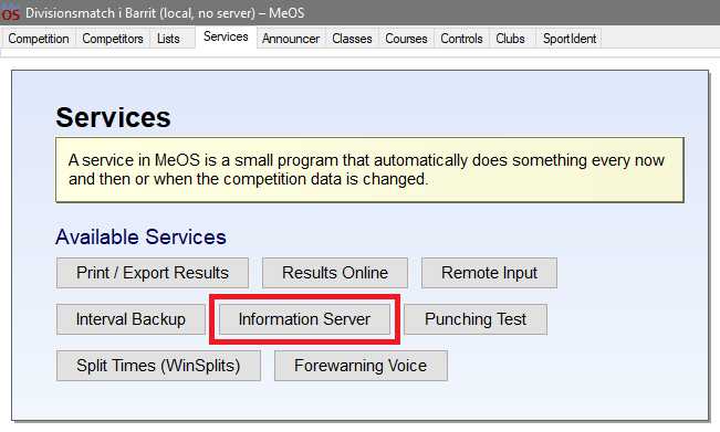 The <span class="named">Information Server</span> feature in MeOS' <span class="named">Services</span> tab.