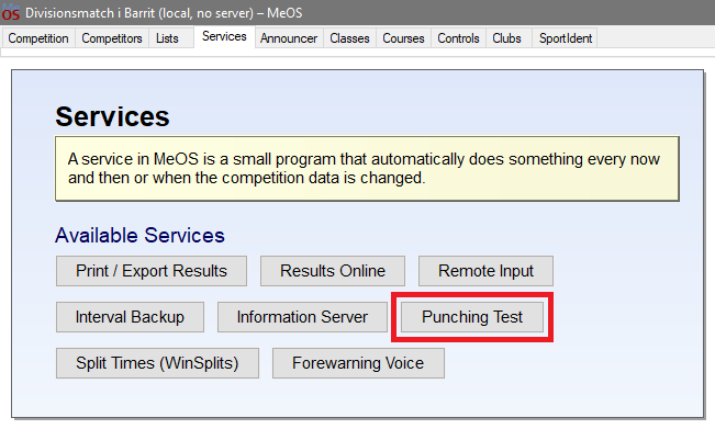 The <span class="named">Punching Test</span> feature in MeOS' <span class="named">Services</span> tab.