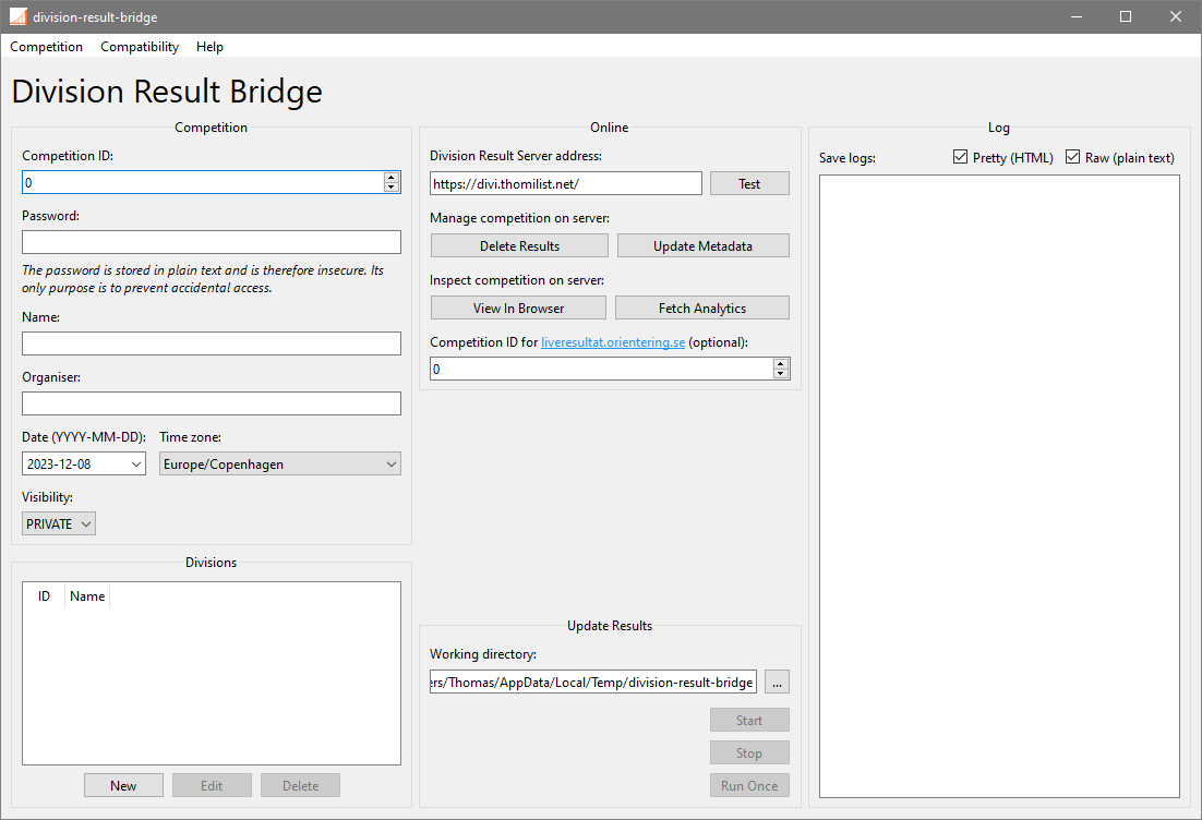 The interface of Division Result Bridge at first launch.