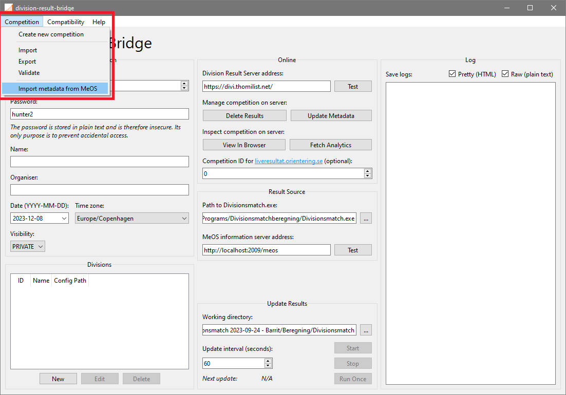 The main program interface with the <span class="named">Competition</span> menu open, highlighting the <span class="named">Import metadata from MeOS</span> option.