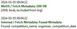 Example log output after the competition name, organiser and date have been successfully imported from MeOS.