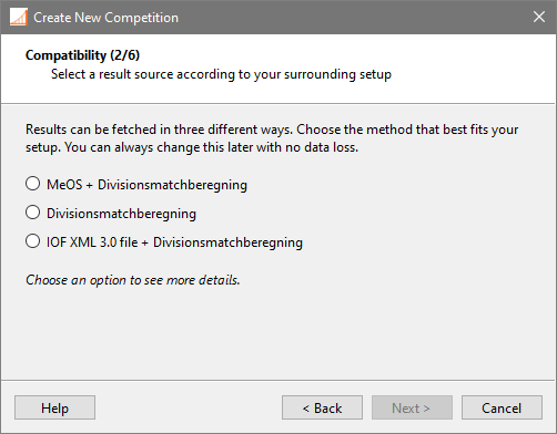 Competition creation wizard, page 2: A choice between the three different result source options.