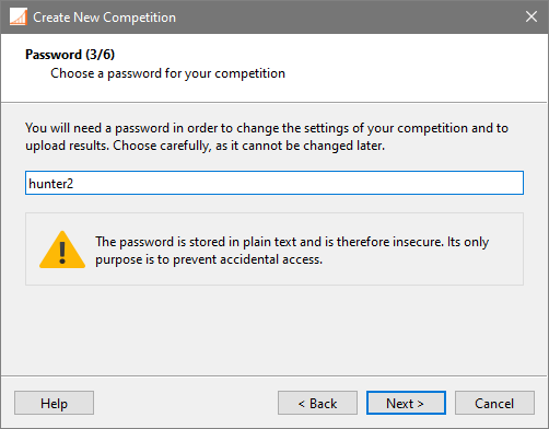 Competition creation wizard, page 3: A password field filled in with "hunter2" as an example.