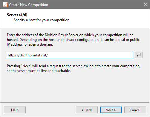 Competition creation wizard, page 4: A server address field filled in with "https://divi.thomilist.net/" as an example.