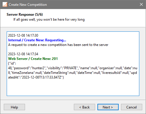 Competition creation wizard, page 5: Log output from communication with the server after a successful request.