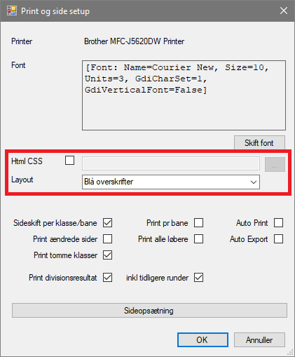 The print setup dialog in Divisionsmatchberegning with the important layout settings highlighted.