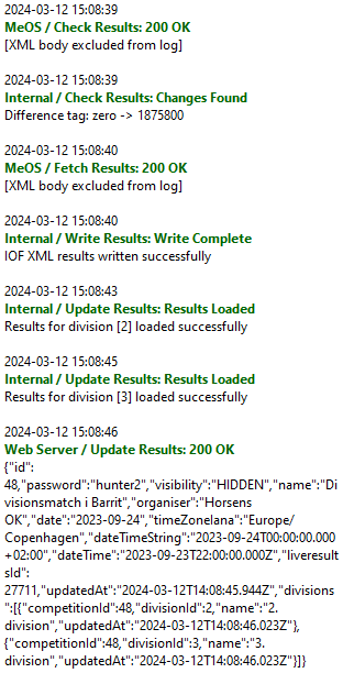 Example log output after successfully fetching and uploading results when using the <span class="named">MeOS + Divisionsmatchberegning</span> result source.