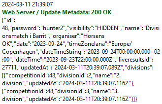 Example log output after the competition and division metadata has been uploaded to the Division Result Server successfully.