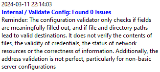 Example log output after the configuration validation tool has found 0 issues.